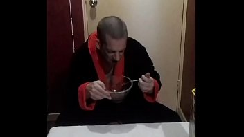 Preview 4 of Slave Latex Domina Mistresss Guy - bisexual guy enjoying his coco pops breakfast covered in his own piss and cum