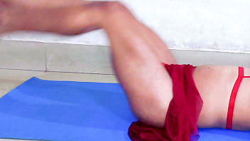 Preview 1 of Gril Dog Sex - Sexy shemale exercise and show off her tiny clitty and play with white dildo