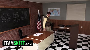 Preview 1 of Nude Teen Group - TEAMSKEET - Cute New Girl Nikki Nicole Has Classroom Threesome With Camilla Cream In School Debate