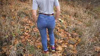 Preview 1 of Strip Games In Public - Milf In Blue Jeans Teases Her Amazing Ass Outdoors