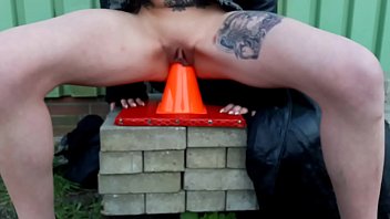 Preview 2 of Dise Cry - Slut Lucy fucks a traffic cone and a dildo in public