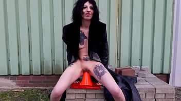 Preview 1 of Dise Cry - Slut Lucy fucks a traffic cone and a dildo in public