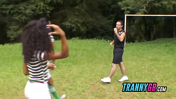 Preview 1 of Big Dick Tore Virgin Hymen - Hetero referee gets gangbang with trannies on the soccer field