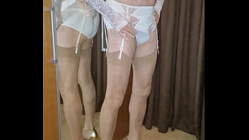 Preview 1 of Cheating Stepbrother - Crossdresser wearing Bridal lingerie and shoots a hot load on it