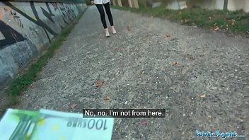 Preview 1 of Student No Under Ware - Public Agent Sexy models night time public doggystyle wall fuck