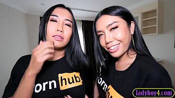 Preview 1 of Desi Sexv - Two ladyboy teen babes with big tits share a white cock