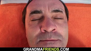 Preview 2 of Donna Matura - Busty blonde old grandma swallows two cocks