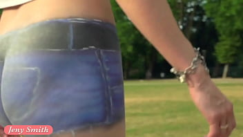 Preview 3 of Tit Less Tube - Jeny Smith walks the streets naked with only painted pants. Shocking footage