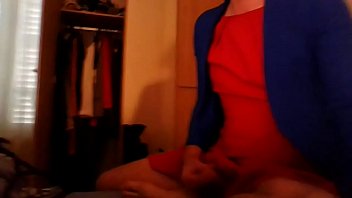 Preview 3 of Huang Rong Porn - Cute secretary crossdresser masturbating in a red dress and blue blazer