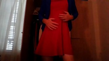 Preview 1 of Huang Rong Porn - Cute secretary crossdresser masturbating in a red dress and blue blazer
