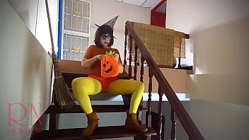 Preview 3 of Paano Manganak - HALLOWEEN Witch in Rtgina Noir witch with pumpkins and a broom. Regina Noir Velma Dinkley Yellow pantyhose Performing in old house at stairway