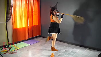Preview 4 of Paano Manganak - HALLOWEEN Witch in Rtgina Noir witch with pumpkins and a broom. Regina Noir Velma Dinkley Yellow pantyhose Performing in old house at stairway