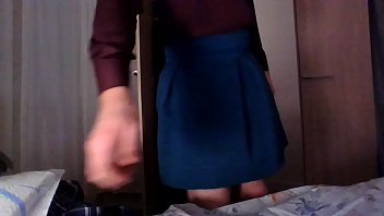 Preview 1 of Erected Gym - Sexy crossdresser secretary in a hot silk shirt teasing and touching