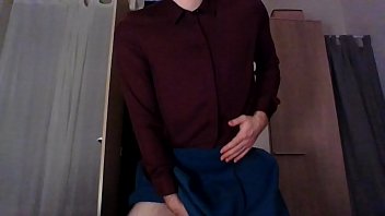 Preview 4 of Erected Gym - Sexy crossdresser secretary in a hot silk shirt teasing and touching