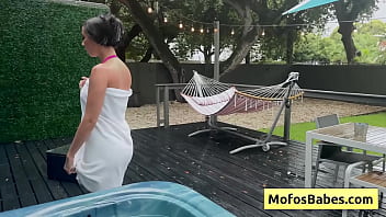 Preview 1 of Mara Retro - Busty hot latina girl in sexy pink lingerie sucking big dick in the hot tub (Gaby Ortega,  JMac)