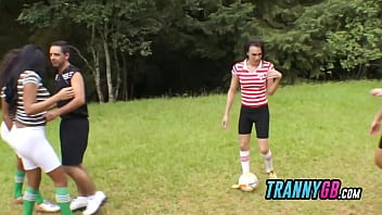 Preview 1 of Rosy Montada - Soccer trainer gets his tight asshole gangbanged by horny trannies