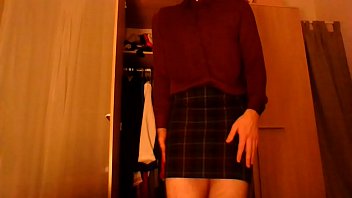 Preview 1 of Hd Xxx Budi - Cross dresser back from office in a sexy tartan secretary skirt and cute silky shirt teasing and masturbating