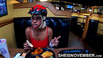 Preview 3 of Mai Malkova Vides - Msnovember Eating Real Food And Talking To Her Best Male Friend About World Of Warcraft In Public Diner ,  Flashing Her Big Natural Boobs With Puffy Nipples And Large Areolas,  Squeezing Her Titties Hard And Some Up Skirt Angles Movie