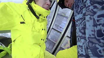 Preview 2 of Big Tits Japanese Harem - 4K Public cumshot on mouth in ski lift Part 1,  2