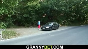 Preview 1 of Sipanish Porn - Hitchhiking blonde granny rides his young cock
