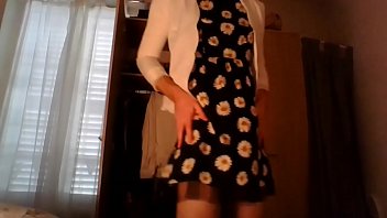 Preview 1 of Girls Sexsec Vedio - Cross dresser back from office in a cute black flower dress and sexy white blazer masturbating for you