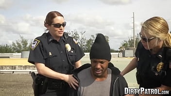 Preview 1 of Wow Orals - Big ass uniformed babes fuck a criminal on the rooftop