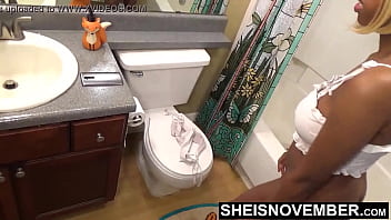 Preview 3 of Massageshut Crazy - Massive Natural Saggy Tits Ebony Girl Sheisnovember Cute Round Titties Undressing In Bath Room Pulling Panties Down Sexy Ass And Bra Off Busty Chest Erotica