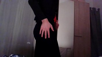 Preview 2 of Guido Gay - Amateur cross dresser back from the office in a sexy black blazer,  red hot chinese qipao and a sexy black skirt touching and masturbating