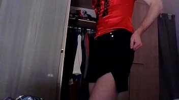 Preview 3 of Guido Gay - Amateur cross dresser back from the office in a sexy black blazer,  red hot chinese qipao and a sexy black skirt touching and masturbating