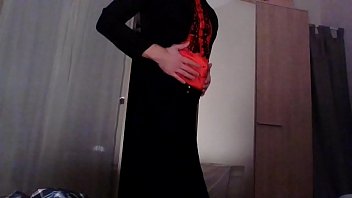 Preview 1 of Guido Gay - Amateur cross dresser back from the office in a sexy black blazer,  red hot chinese qipao and a sexy black skirt touching and masturbating