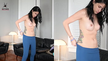 Preview 1 of Real Virgin Fuck Girl - Jazmin tries on leggings and wrap shirt for photoshoot