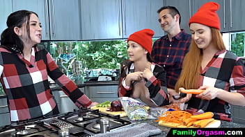 Preview 3 of Peregnad Japan - FamilyOrgasm - Easygoing Step Father Goes to the Kitchen While the Girls Cook