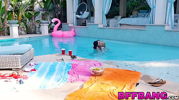 Preview 3 of Boxtruckporn Com - Lesbian pool threesome with horny petite teen sluts