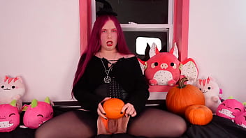 Preview 2 of Fag The Gag - BBW Trans Pinky Fucks a Pumpkin