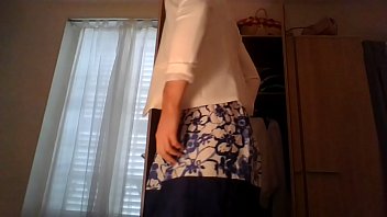 Preview 2 of Xxccccxxx - Amateur cross dresser wearing a cute secretary flower dress and sexy white blazer teasing and touching