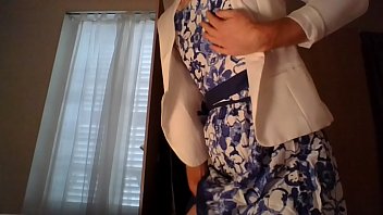 Preview 4 of Xxccccxxx - Amateur cross dresser wearing a cute secretary flower dress and sexy white blazer teasing and touching