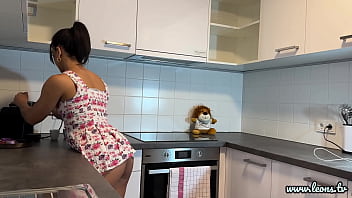 Preview 2 of Xxxzzwwwvideo - Hot Brunette Bored Wife in a Mini Modified Sun Dress to Flash her Tight Shaved Pussy in the Kitchen