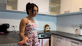 Preview 3 of Xxxzzwwwvideo - Hot Brunette Bored Wife in a Mini Modified Sun Dress to Flash her Tight Shaved Pussy in the Kitchen