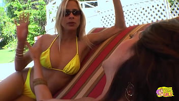 Preview 1 of Msc Cycling Shorts - Lucky brunette gets to taste her MILF friends sweet slippery pussy