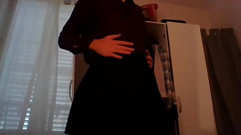 Preview 1 of Woman Sex With Child - Young amateur cross dresser secretary teasing in sexy blouse and cute black skirt back from the office