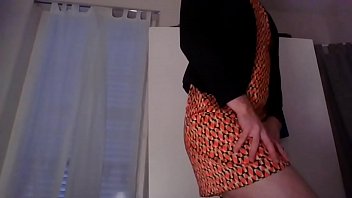 Preview 2 of Ftsxxx - Young amateur cross dresser teasing and touching in cute orange dress and sexy black blazer after a hard day at the office