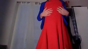 Preview 1 of Barat Tembak Dalam Pepek - Young amateur cross dresser teasing and touching in a sexy red dress and cute blue blazer back from the office