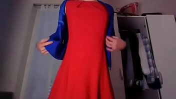 Preview 4 of Barat Tembak Dalam Pepek - Young amateur cross dresser teasing and touching in a sexy red dress and cute blue blazer back from the office