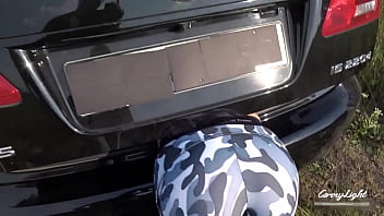 Preview 1 of Schoolie Upskirt - Step brother Grinding and Cum on Yoga Pants Step sister while she Stuck in Trunk