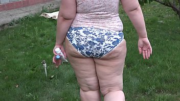 Preview 1 of Noughty Leads - BBW outdoors in the garden takes off her panties with a big ass and with a dildo fuck anal to orgasm.