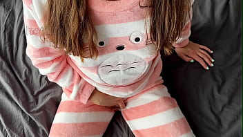 Preview 1 of Esclave Soumise Francaise Violee - horny teen in pajama teasing small tits fingering pussy and squirting orgasm
