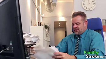 Preview 2 of Sex 3 G - Adorable Teen and Stepdaddys Cock&#039_s at Office: FamilyStroke