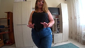 Preview 1 of Gay Worship Socks Slave - Busty girlfriend with a strapon fuck a bbw in tight jeans,  shakes a big ass doggystyle. POV.