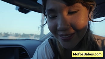 Preview 1 of Sunny Xx New - Busty asian teen seduces her boyfriend in the car with her big natural boobs (Tomie Tang,  Charles Dera)