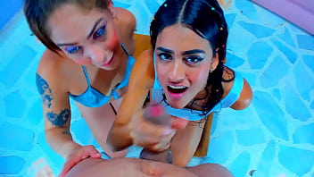 Preview 1 of Tow Brunette - POV style blowjob with stepmom and stepsister - delicius
